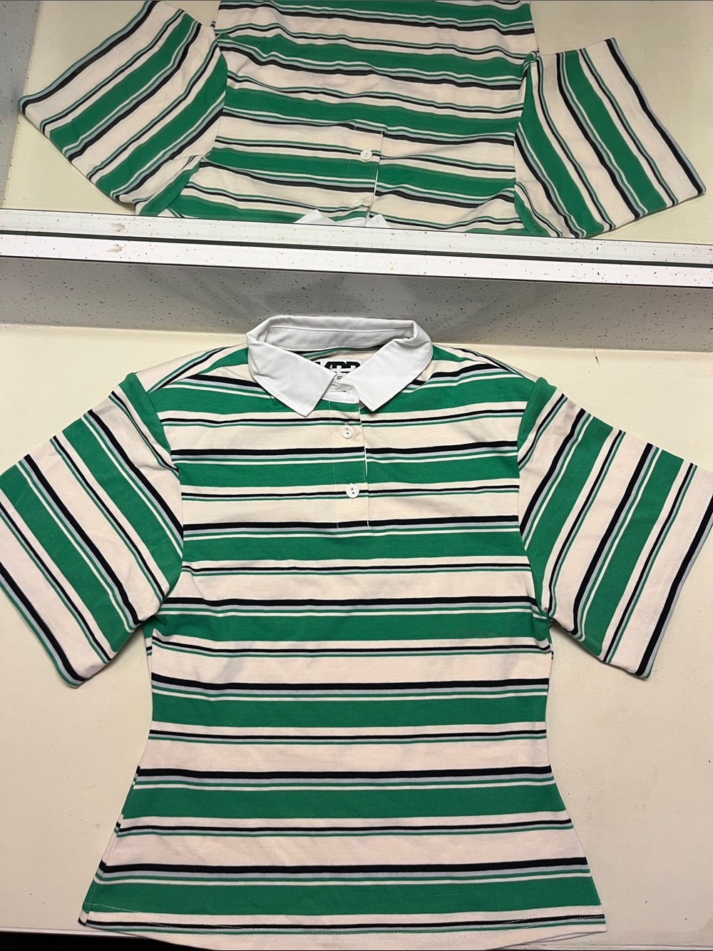 Women's Green & White Striped Polo Top with Contrast Collar